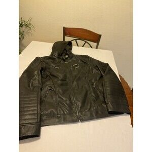 American Breed Motorcycle Style Black Leather Hoodie Jacket XL Zippers Winter